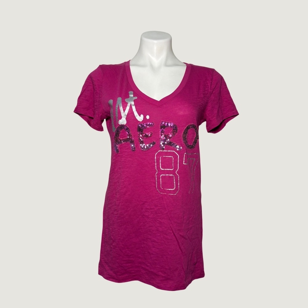 Y2K Aeropostale Live Love Dream Aero 87 Pink Sequin V-Neck Graphic Tee #15